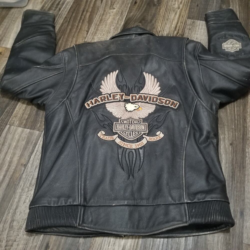 Harley Davidson Eagle Embroidered Distressed Leather Jacket Men's sz Large - Picture 2 of 16